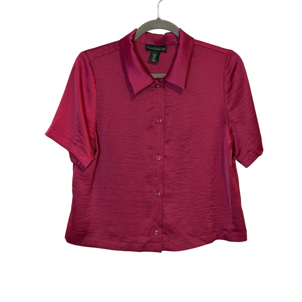 House of Harlow 1960 Magenta Pink Silky Pajama Top Short Sleeve Button Down S